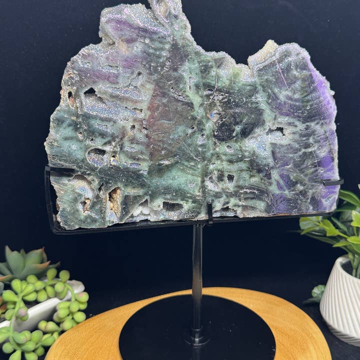 The 7 Directions - Wholesale Spiritual Stone/Crystal - 10 " Lg Angel aura sphalerite slab w/ custom stand F6722