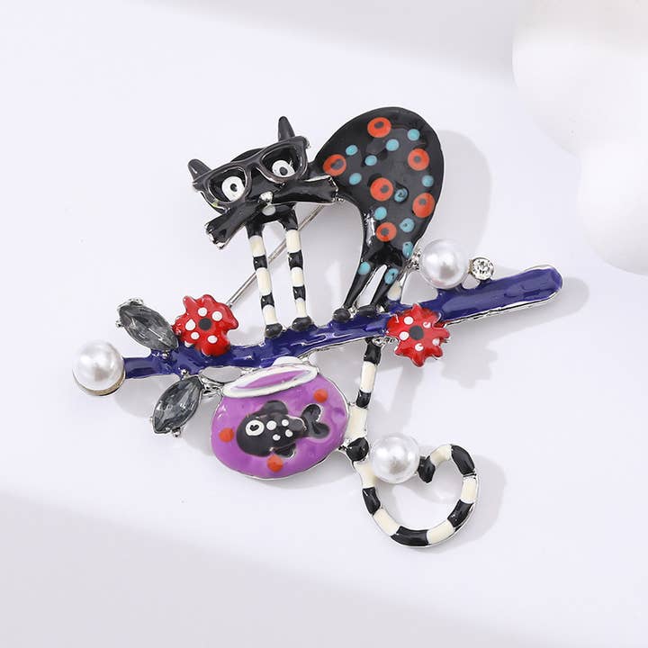 Tourtiwi - Wholesale Brooch - Whimsical Polka Dot Cat - on - Branch Brooch with Pearls1