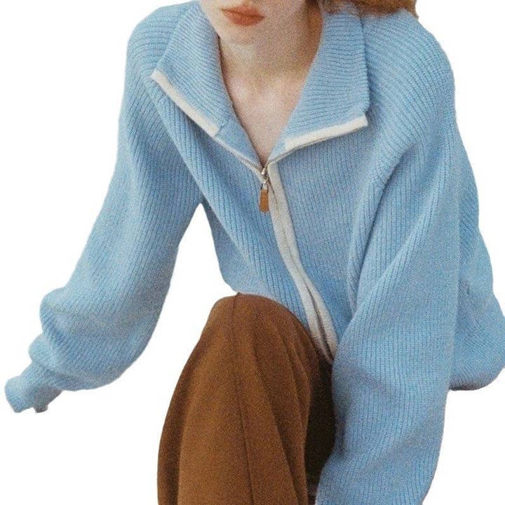 MoodGold - Wholesale Knit Sweater - Women's - Color Block Zip Collar Sweater4