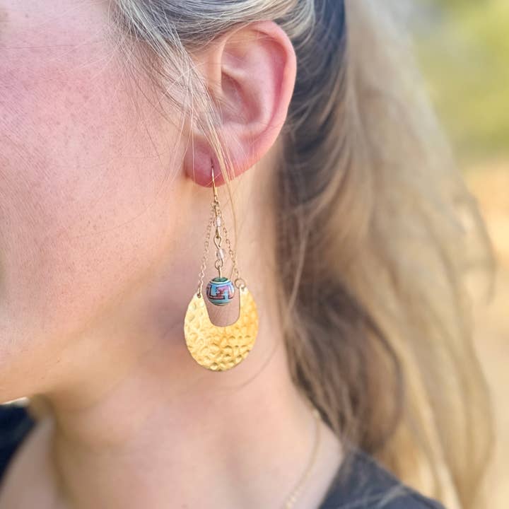 Moxie Collective (formerly Atonement Design) - Wholesale Dangle Earrings - Vintage Porcelain Hand Painted Pink and Blue Geometric Bead