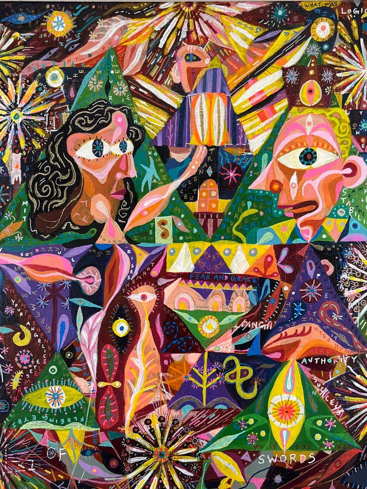 Angst und Anmut. Acryl- und Ölmarker auf Leinwand. 20" x 20" x 1,5". John Kline Kunstwerk. Moderne expressionistische Malerei. Hergestellt in Kansas City für den Großhandel von John Kline Artwork