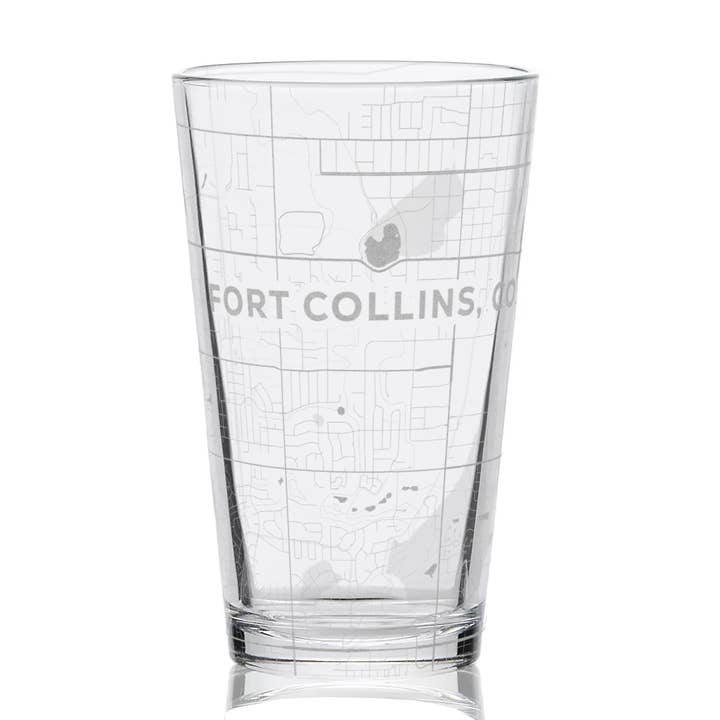 FORT COLLINS, CO Engraved City Street Map 16oz Pint Glasses for wholesale by LumEngrave