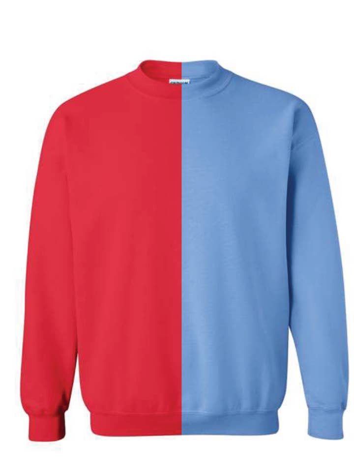 Carolina Blue & Red Split Colored, Two-Toned, Crewneck for wholesale by McKenzie’s Infinity LLC