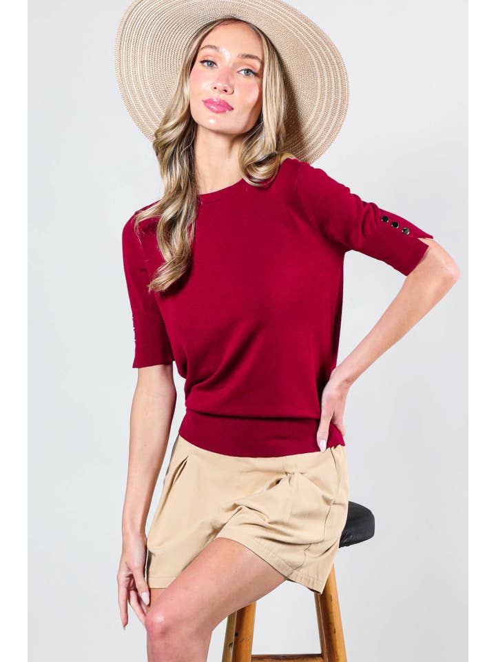 Vine & Love - Wholesale Knit Sweater - Women's - Crew Neck Short-Sleeve Button Detail Sweater Top VT81653-14