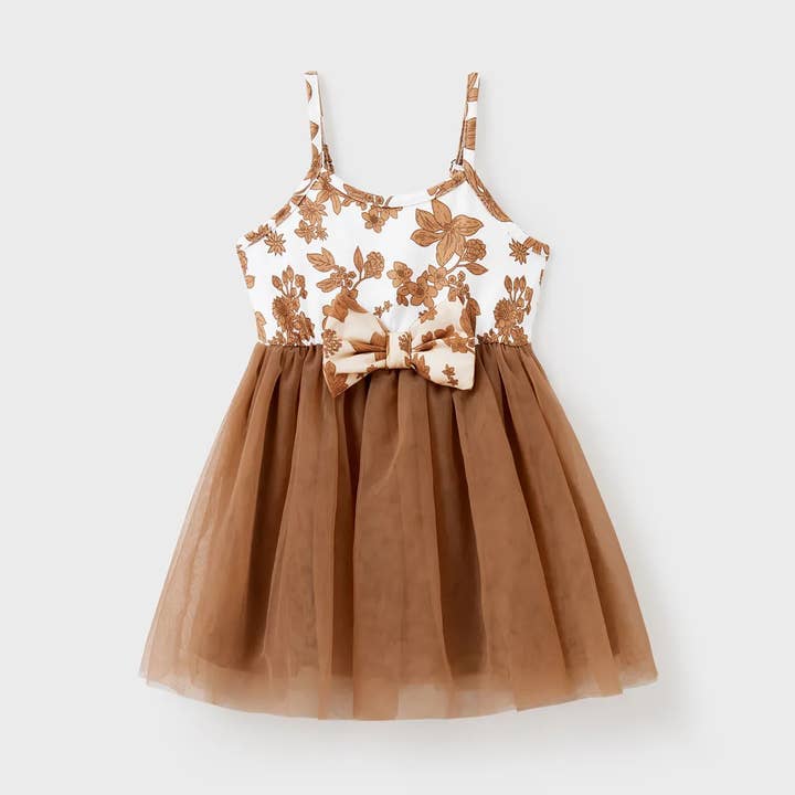 Baby Girl Khaki Bowknot Decor Mesh Dress for wholesale by PatPat