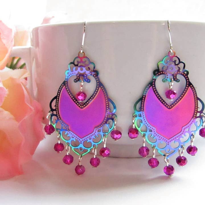 Bad Apple Designs - Wholesale Dangle Earrings - Pink/blue Glass Lightweight Chandelier Earrings