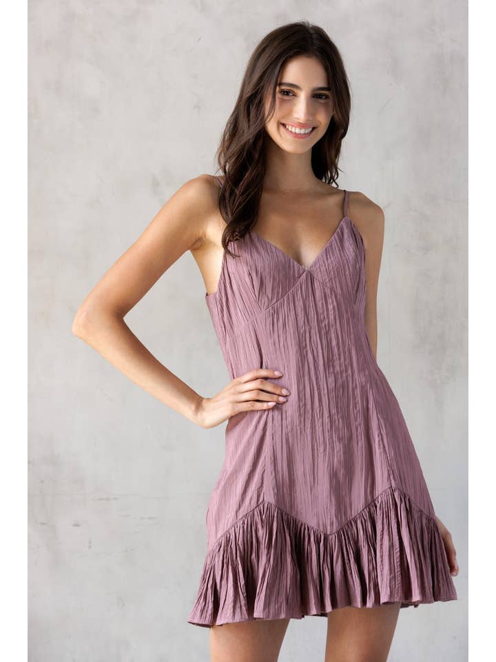 MAUVE LD2382-RUCHED V-NECK MINI DRESS for wholesale on Faire