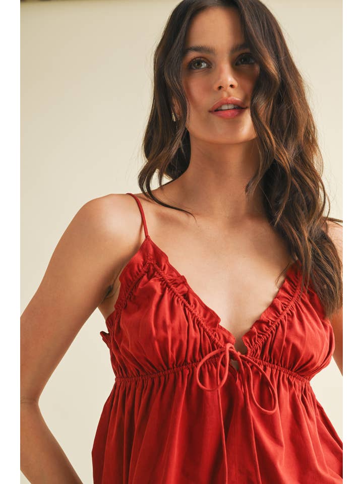 Mustard Seed - Wholesale Blouse - Women's - ELASTIC RUFFLE V NECK TIED CAMI TOP