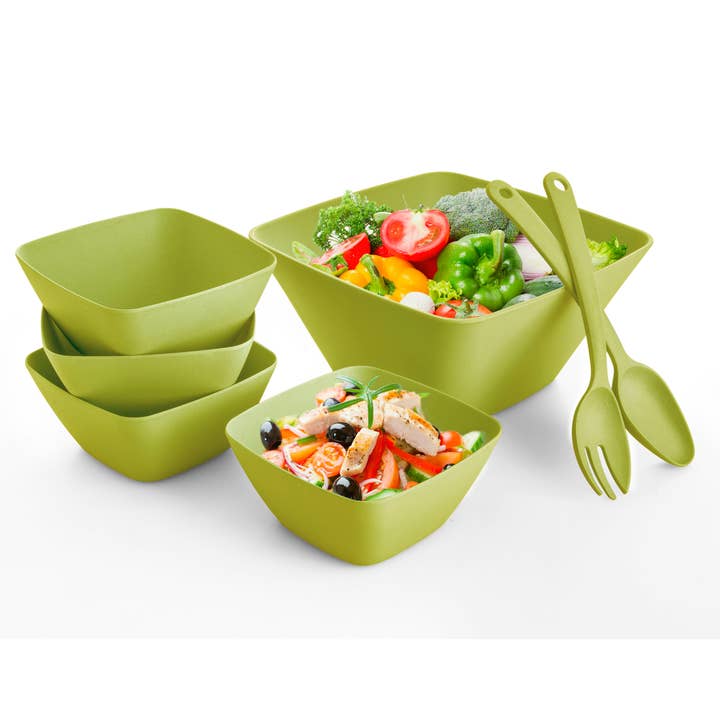 Gourmet Edge - Wholesale Serve Bowl - Eco-Friendly 7-Piece Square Bamboo Salad Bowl Set (Green)