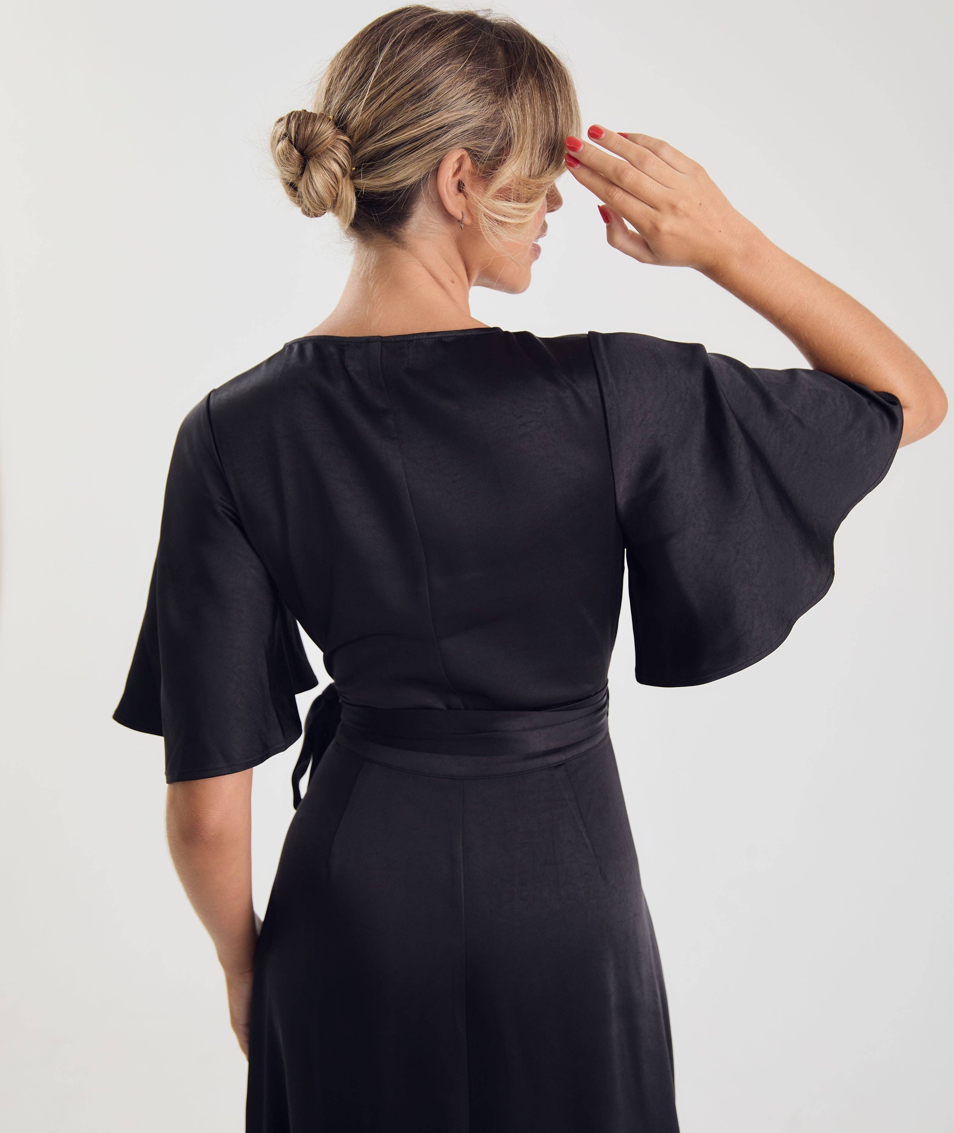 Six Stories - Wholesale Dress - Women's - Wrap Tie Satin Bridesmaid Dress - Black2