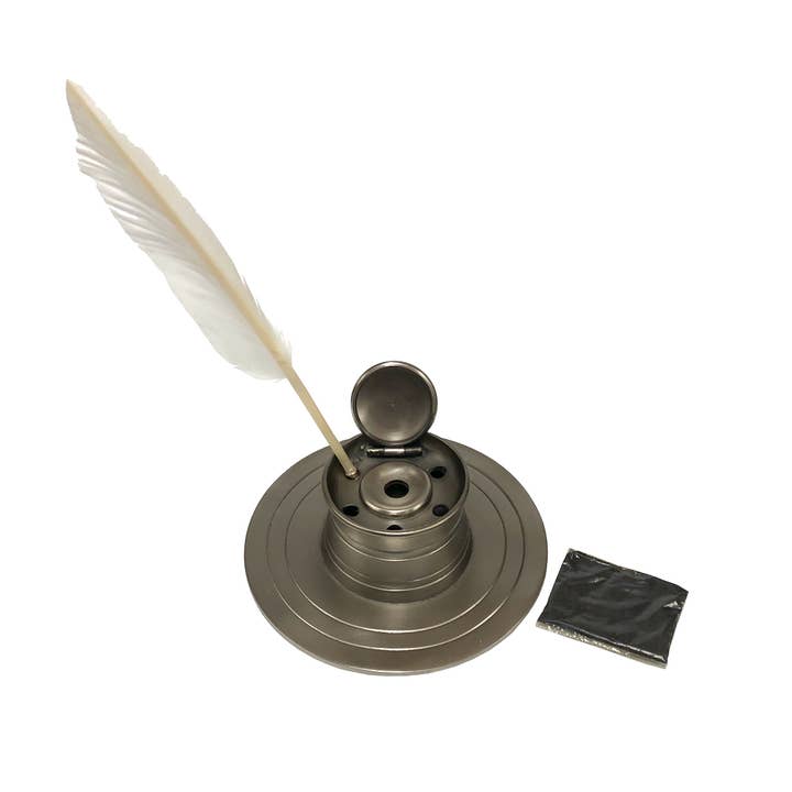 Madison Bay Co. - Historical Home Decor Reproductions - Wholesale Writing Ink - 7" Extra Wide Base Pewter-Plated Inkwell with Quill
