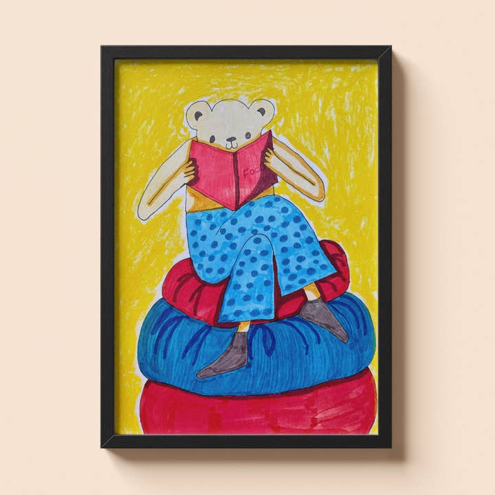 Bear Reading Poster Colourful artwork of a bear enjoying a b for wholesale by Chantelle Taylor Illustrations