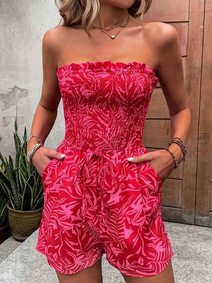 RED ONE-LINE SHOULDER ELASTIC PRINT TOP UP JUMPSUIT for wholesale on Faire