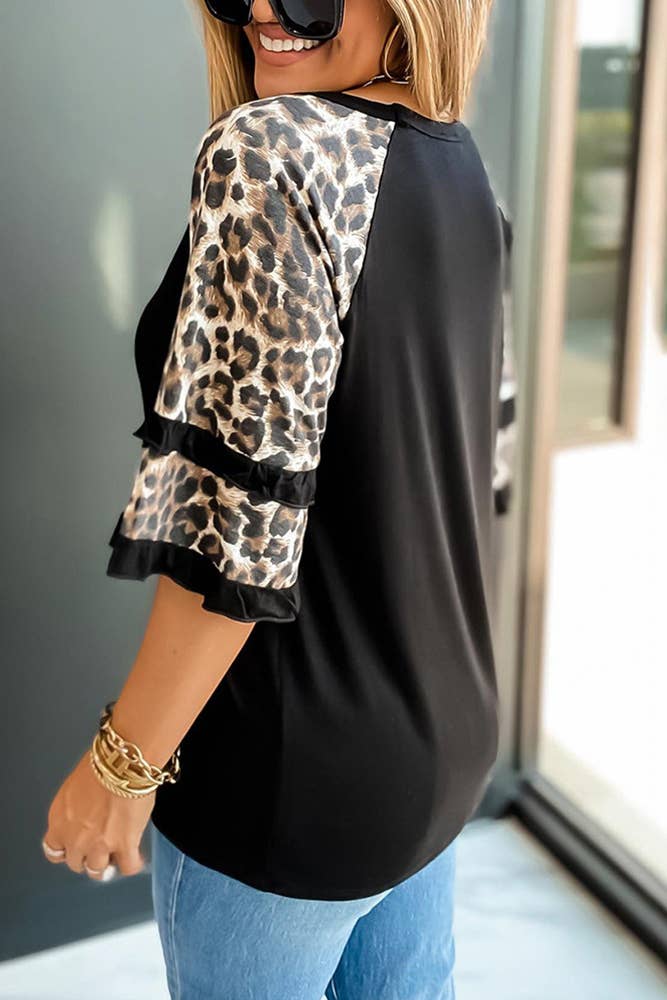 UNISHE - Wholesale Tunic - Women's - Leopard Print Half Sleeve Crew Neck Top KXOM99821