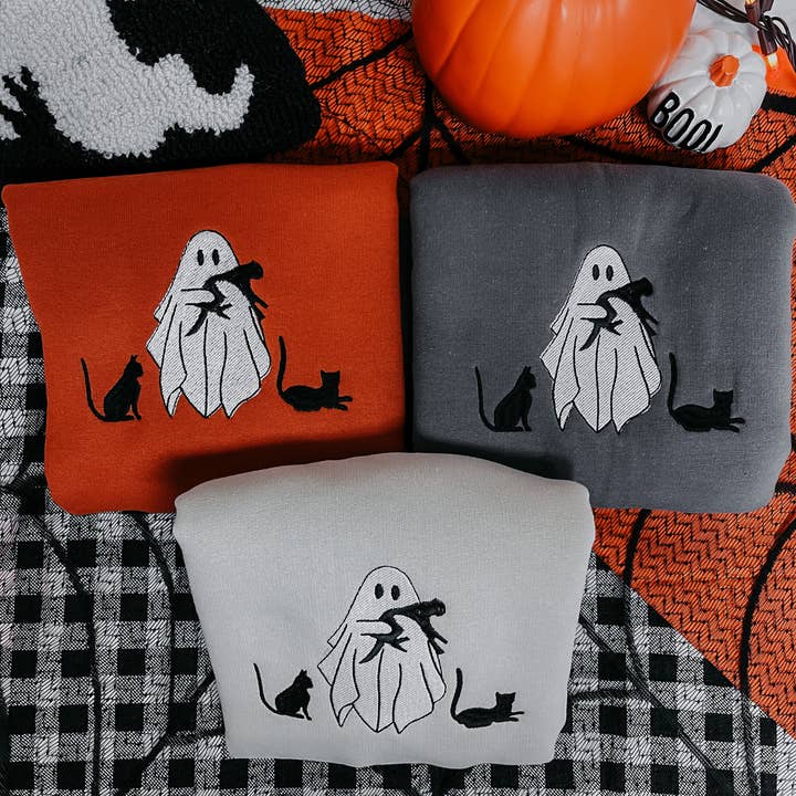 Cat Lover Ghost Embroidered Crewneck for wholesale by SewGenesis