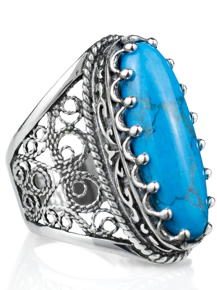 Filigree Art Turquoise Gemstone Women Sterling Silver Long Statement Ring for wholesale by Filigranist Jewelry