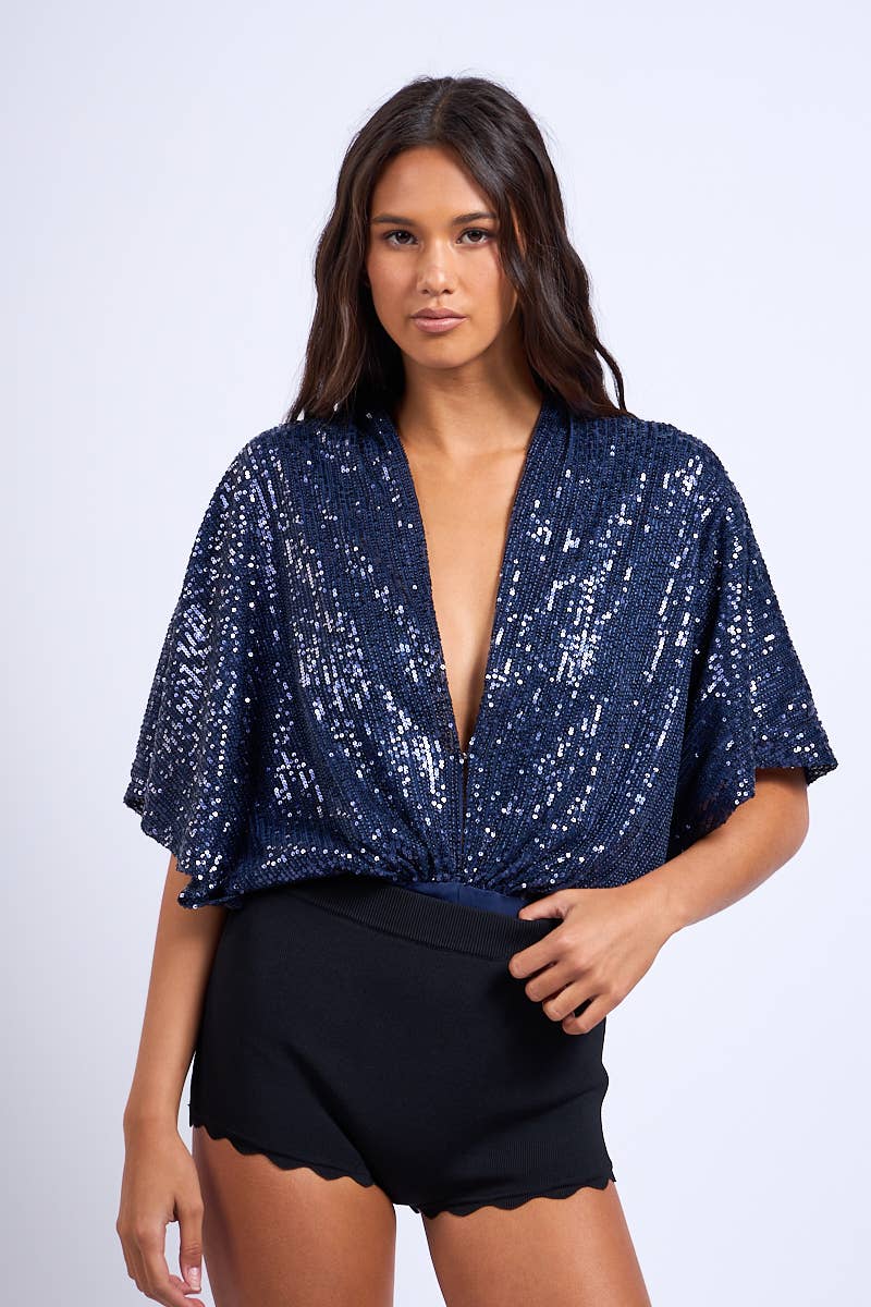 Sky to Moon - Wholesale Bodysuit - Women's - SEQUIN GLITTER PLUNGING NECK HALF SLEEVE BODYSUIT16