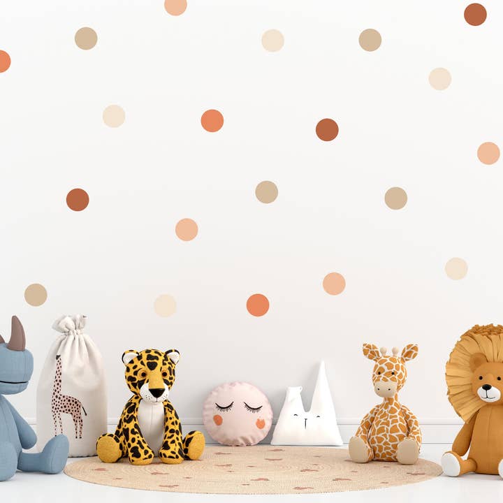 Warme tinten stippen muurstickers voor de kinderkamer, Kinder muurstickers in aardetinten, Gebrand oranje speelkamer decor, Terracotta muurstickers, Boho voor wholesale door Decals Online