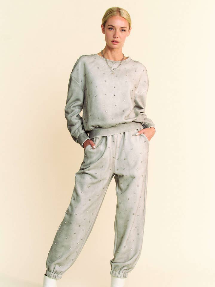 RHINESTONES LONG SLEEVE CROP TOP N LONG PANT SET for wholesale by Davi & Dani