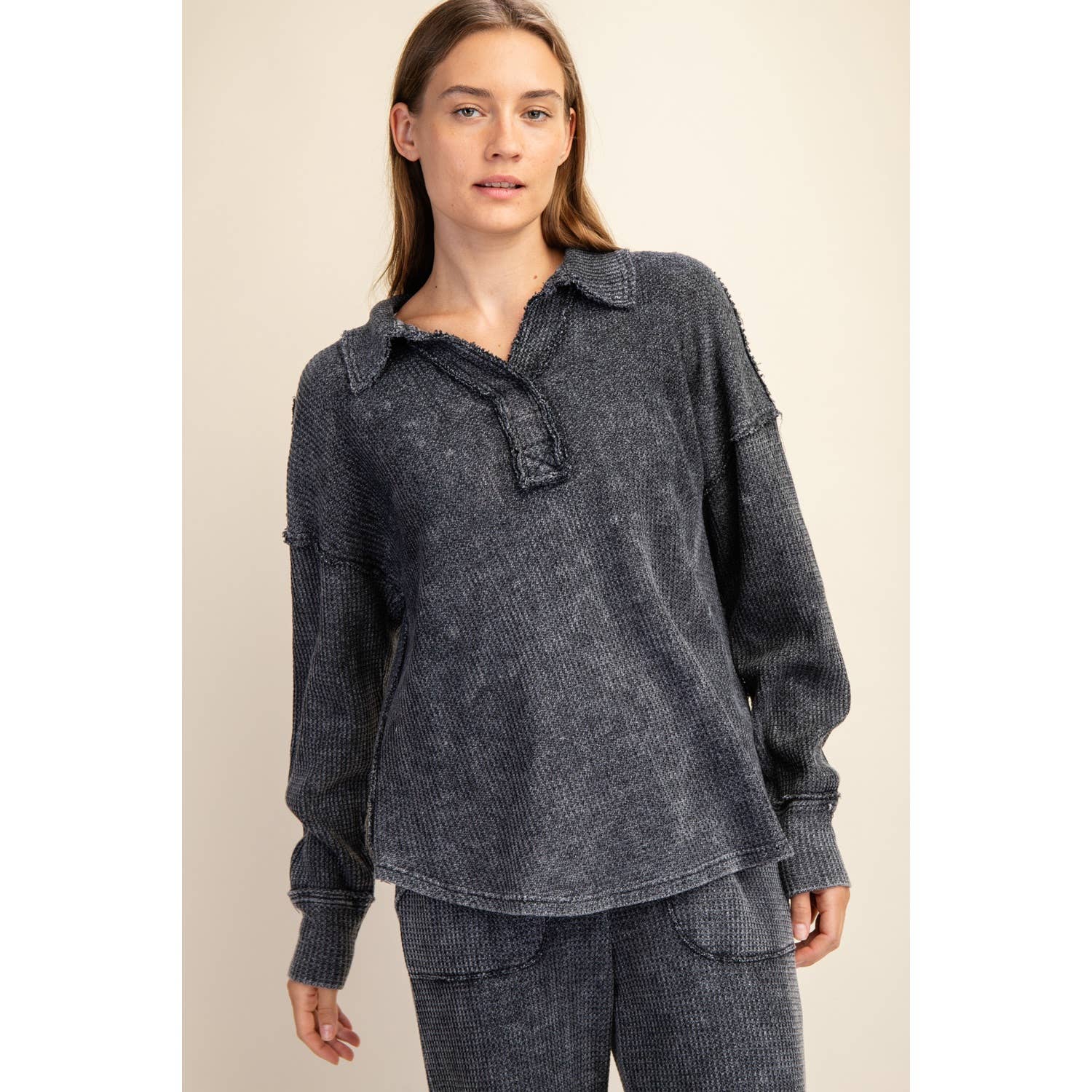 Rae Mode - Wholesale Athletic Top - Women's - MINERAL WASHED WAFFLE POLO SWEATSHIRT21