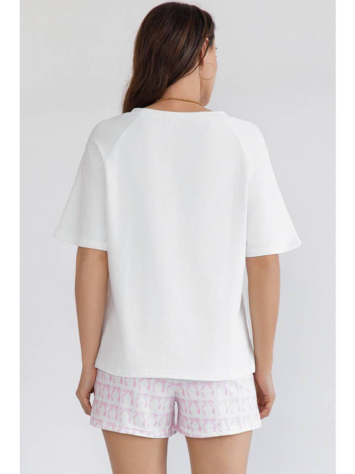 White Bow Knot Print Short Sleeve Shirt and Shorts Lounge Set for wholesale on Faire