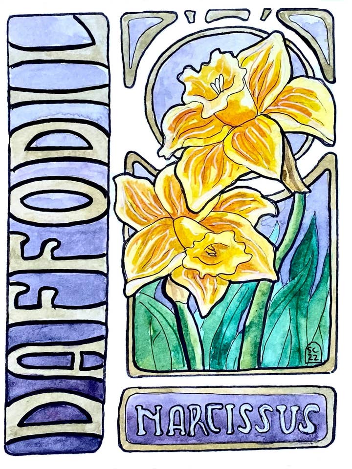 Daffodil Art Nouveau Print and Postcard for wholesale by The Abstract By Sasha