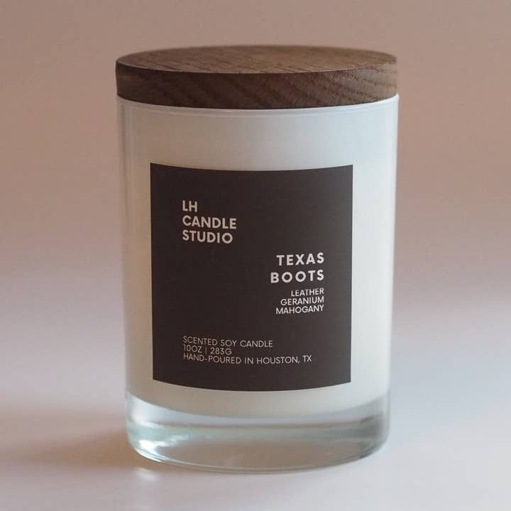 Texas Boots 10oz Scented Soy Candle for wholesale by LH CANDLE STUDIO