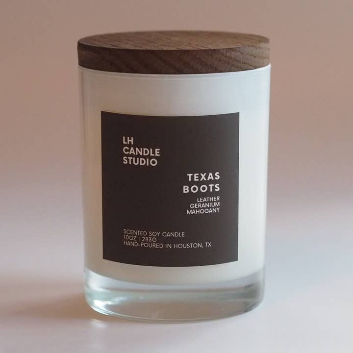 Texas Boots 10oz Scented Soy Candle for wholesale by LH CANDLE STUDIO