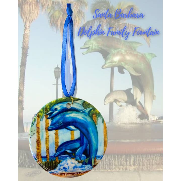 Santa Barbara Dolphin Family Watercolor Ornament for wholesale by Chloe Marie Hourdequin Designs