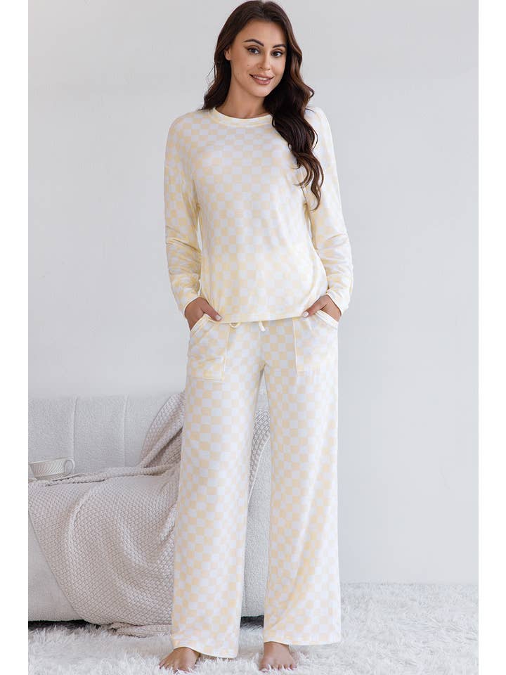 Beige Checkered Print Long Sleeve Top and Pants Lounge Set for wholesale on Faire
