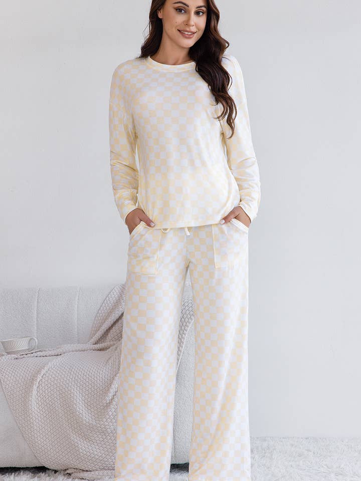 Checkered Print Long Sleeve Top and Pants Lounge Set for wholesale by LA Society