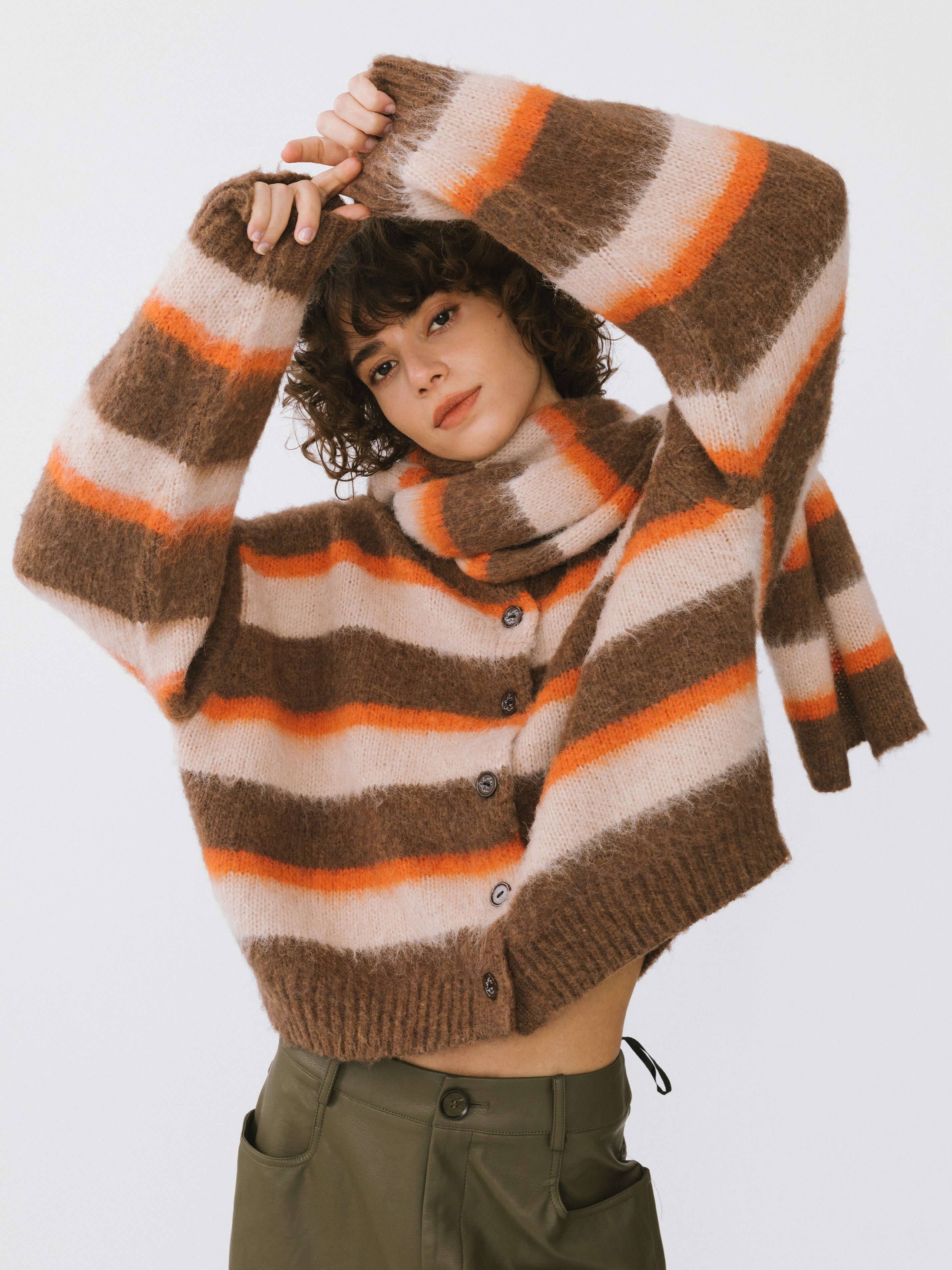 CUBIC - Wholesale Cardigan - Women's - Striped Color Block Wool Knit Cardigan With Scarf14