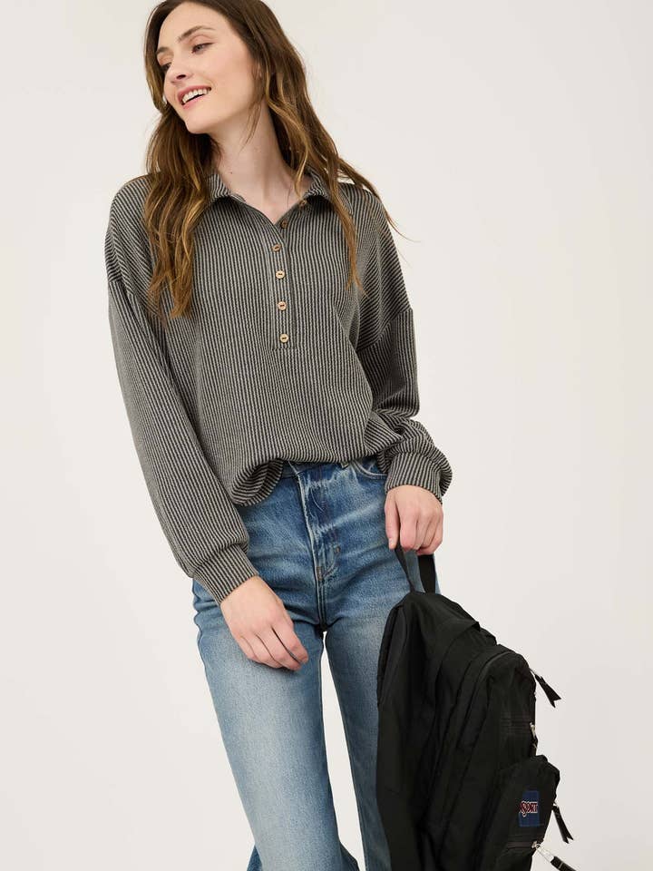 Blu Pepper - Wholesale Knit Top - Women's - PINSTRIPE COLLARED HALF BUTTON KNIT TOP4