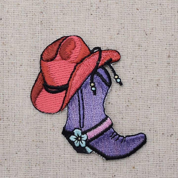 Wholesale Applique - Wholesale Patch - Western Cowgirl Boot and Hat, Embroidered Iron on Patch