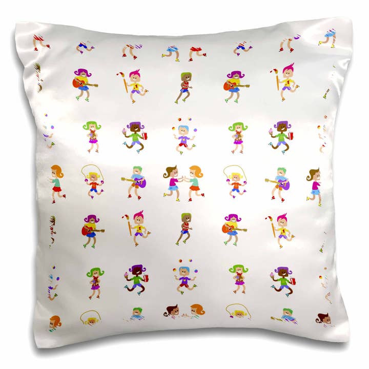 3dRose, Padrão de verão engraçado e colorido com imagens de desenhos animados de crianças a brincar, Fronha por atacado de 3dRose