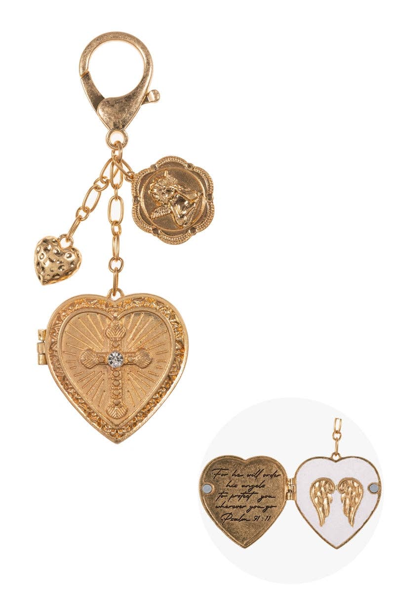 Designature New York – wholesale Keychain – Women's – HEART CROSS W ANGEL WING LOCKET BAG CHARM KEYCHAIN2