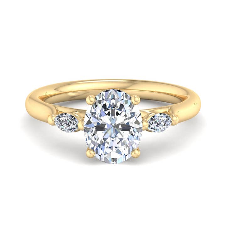 Bague de fiançailles avec centre en diamant de laboratoire taille ovale classique et accents latéraux. pour la vente par Caratina