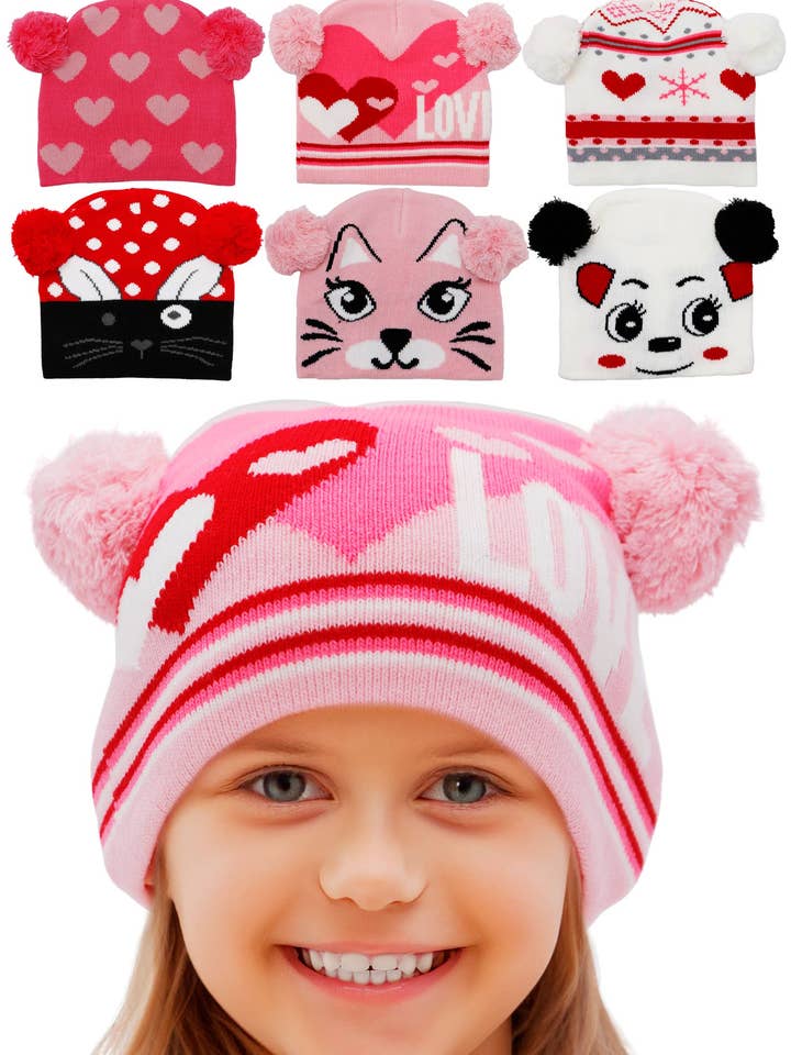 Little Girls Love Animal Double Pom Short Beanie for wholesale by Cap Zone