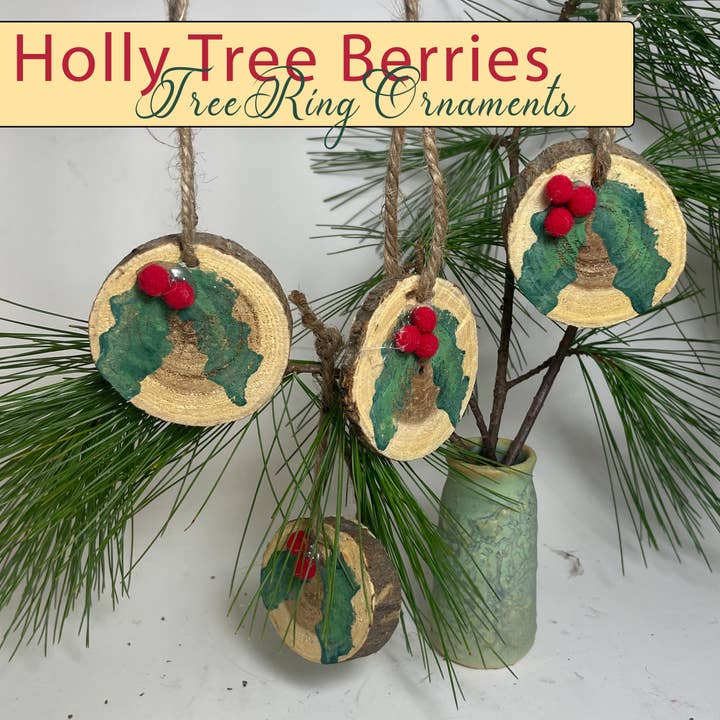 Hand-painted Holly Tree Berry 2 in round Tree Ring Ornaments for wholesale by Zen Pots