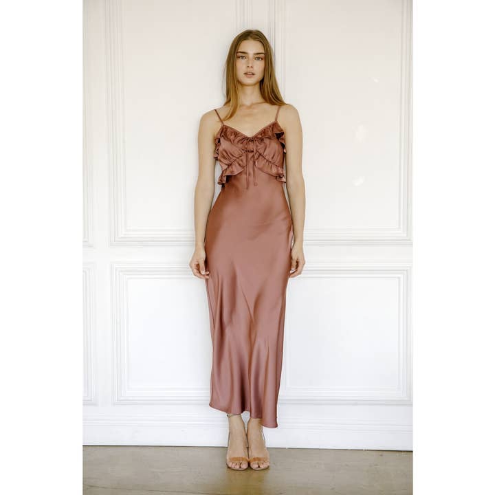 MAUVE JD7124- SATIN RUFFLED SLIP MIDI DRESS for wholesale on Faire