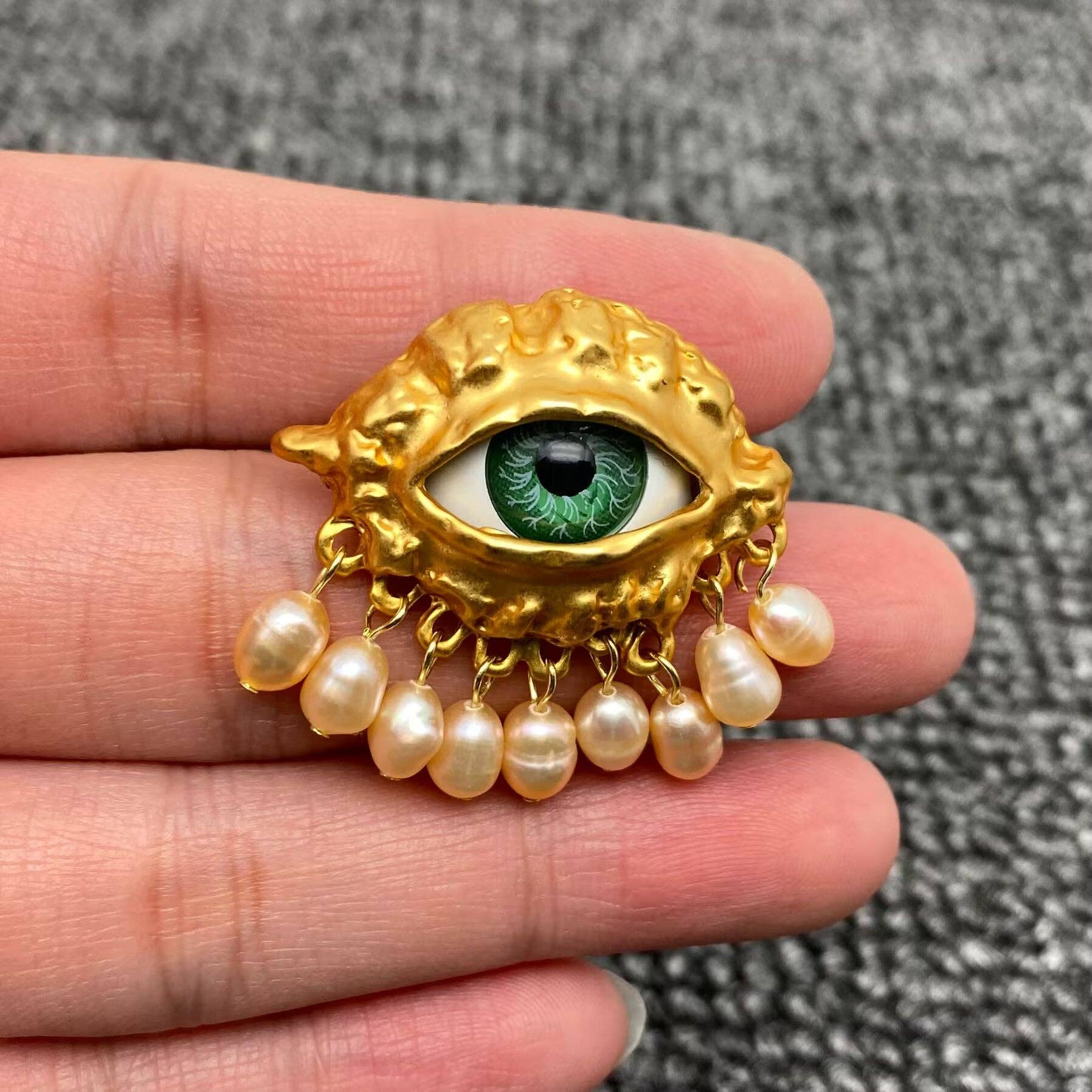 Mio Queena - Wholesale Cocktail/Statement Ring - Vintage Pearl fringe Evil Eye Matte gold plating  Adjustable Ring1