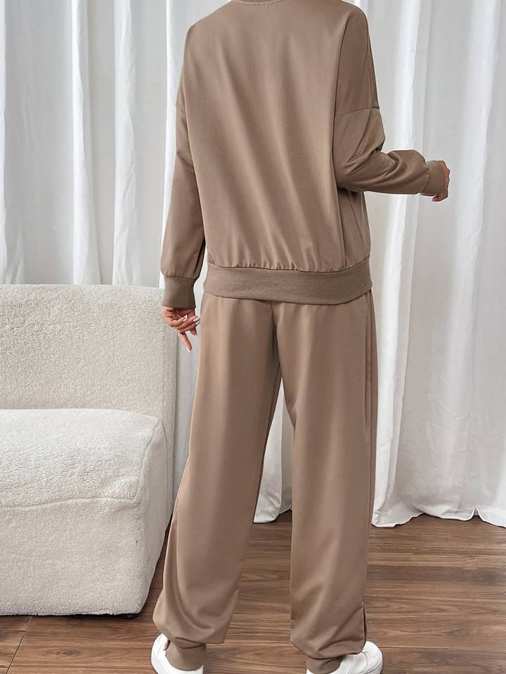 BROWN CWSTB1174_SOLID COLOR ROUND NECK CASUAL SWEATSHIRT SUIT for wholesale on Faire