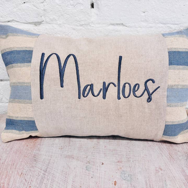 Blue Stripe Long Cushion- any word or name for wholesale by Lizzie Dixon Designs