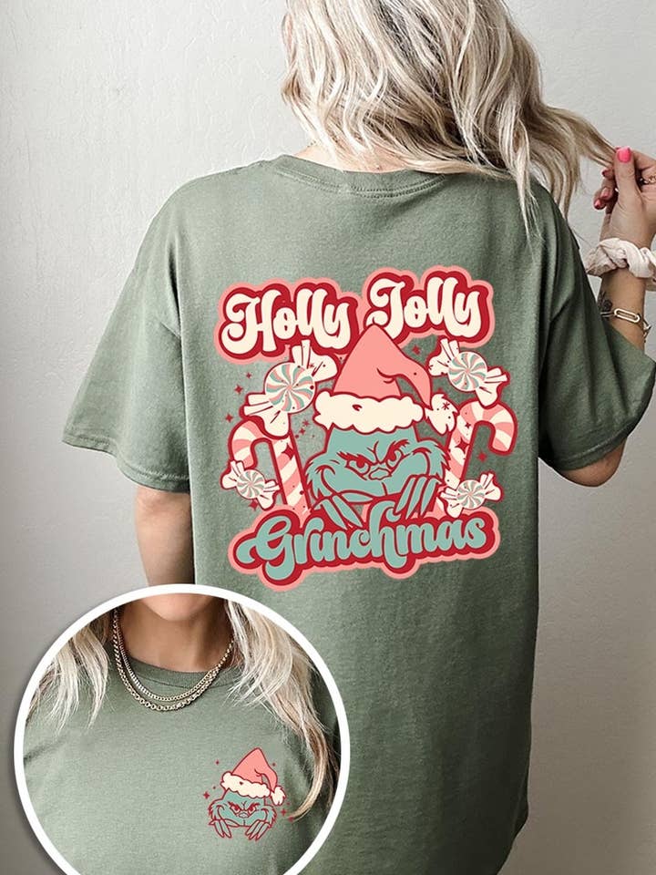 Holly Jolly Grinchmas Graphic Heavyweight Tee for wholesale by Pink Irene Wholesale