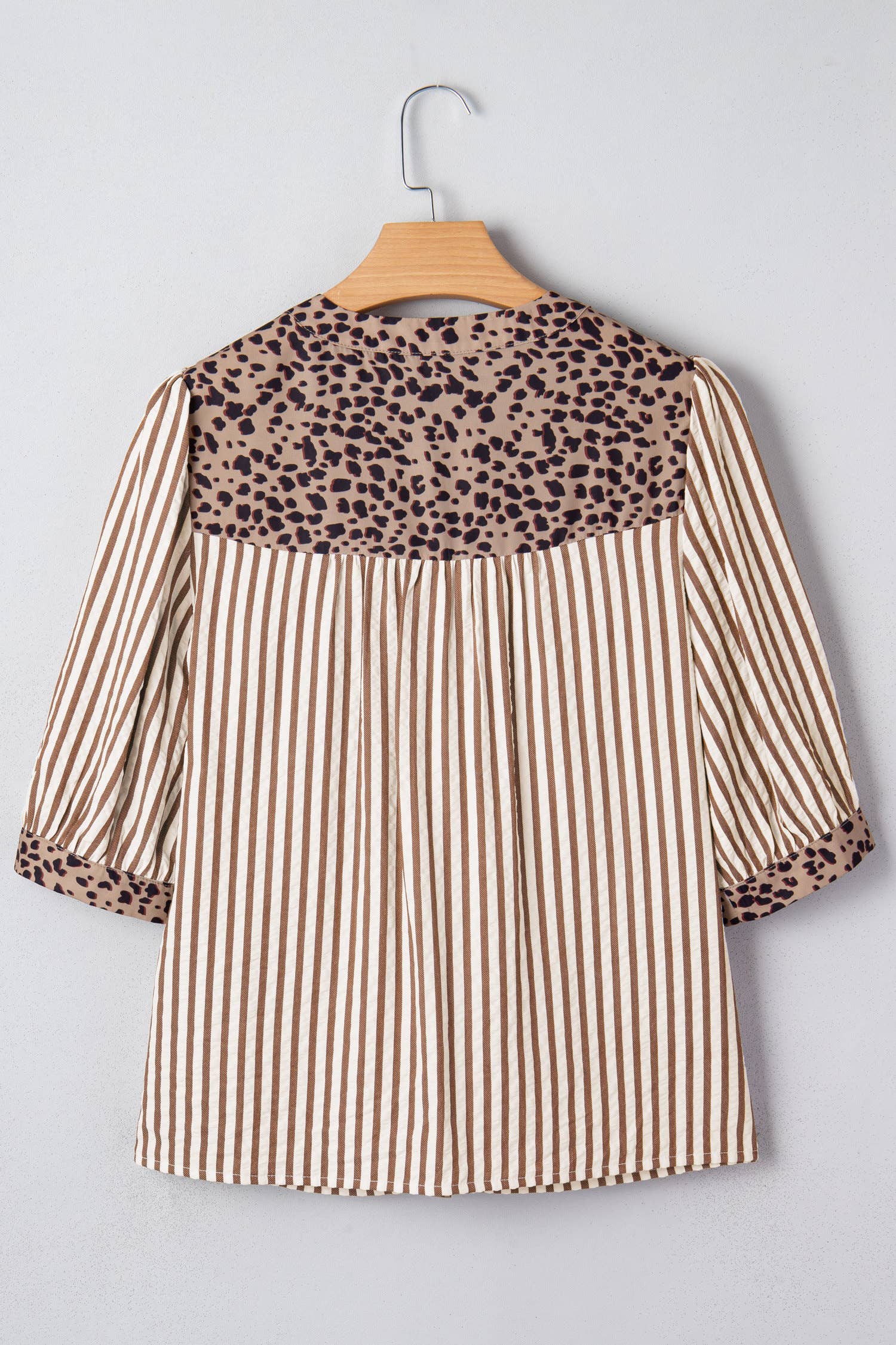 Brown Leopard Trim Button Down Stripe Half Sleeve Shirt (S-XL) for wholesale on Faire4