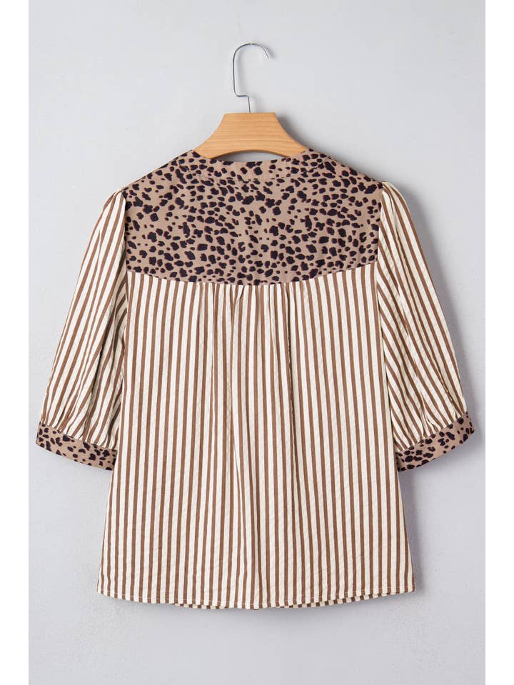 Brown Leopard Trim Button Down Stripe Half Sleeve Shirt (S-XL) for wholesale on Faire4