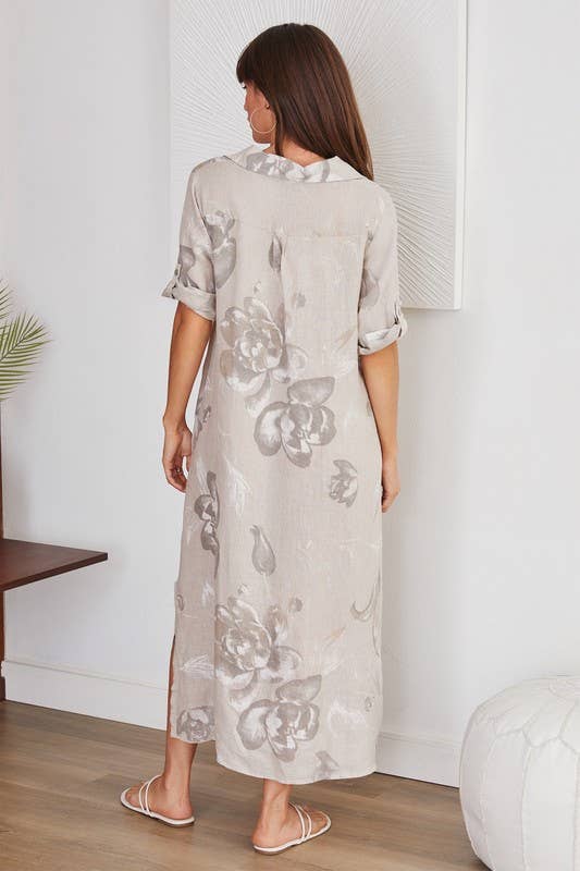 VENTI6 - Wholesale Dress - Women's - BUTTON DOWN LONG TIE DYE LINEN DRESS (5-42-TULIPFLORAL)2