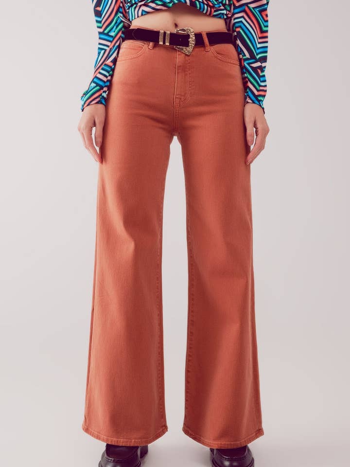 Cotton blend wide leg jeans in orange for wholesale on Faire1