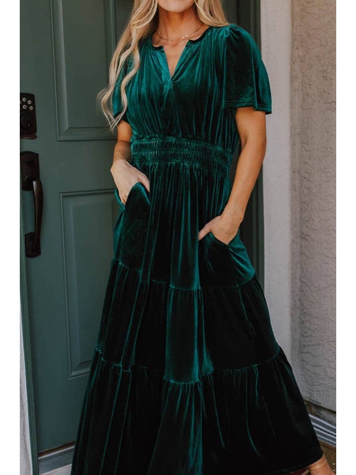 Evergreen Velvet Shirred Waist Maxi Dress for wholesale on Faire