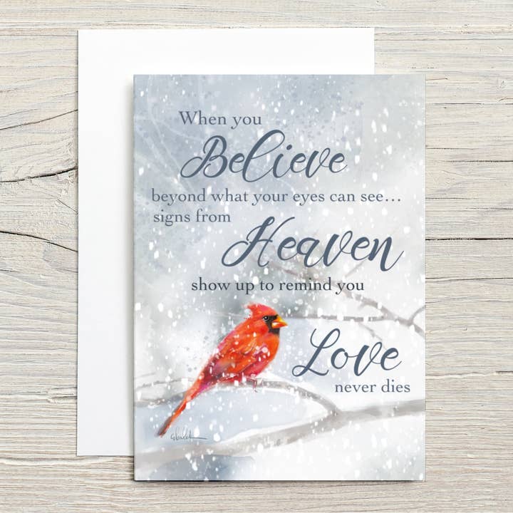When you Believe Cardinal Angel spiritual card for wholesale by Christy Obalek Illustration